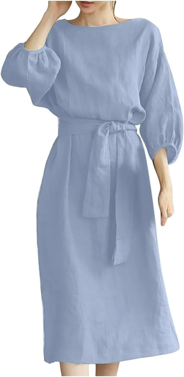 Women's 3/4 Length Sleeve Cotton Linen Summer Dresses Tie Front Sundress Loose Casual Lightweight Midi Dresse
