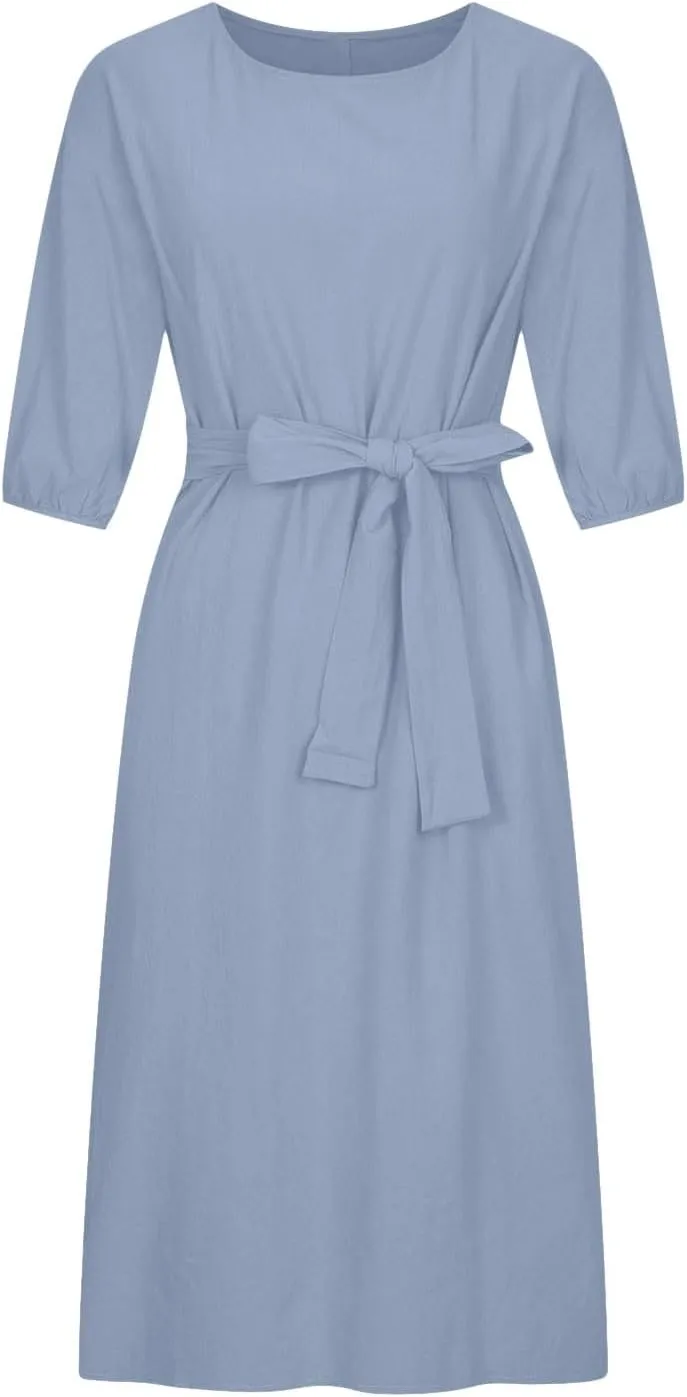 Women's 3/4 Length Sleeve Cotton Linen Summer Dresses Tie Front Sundress Loose Casual Lightweight Midi Dresse