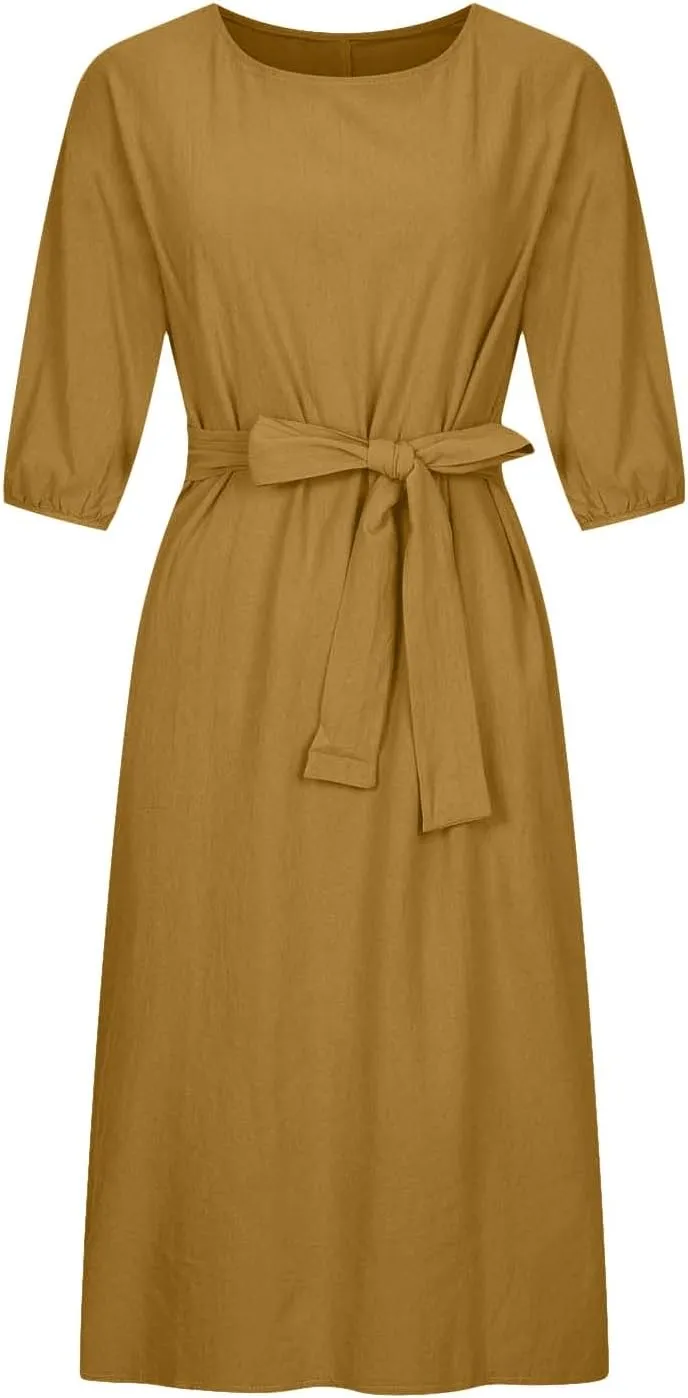 Women's 3/4 Length Sleeve Cotton Linen Summer Dresses Tie Front Sundress Loose Casual Lightweight Midi Dresse