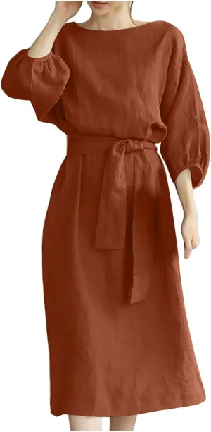 Women's 3/4 Length Sleeve Cotton Linen Summer Dresses Tie Front Sundress Loose Casual Lightweight Midi Dresse
