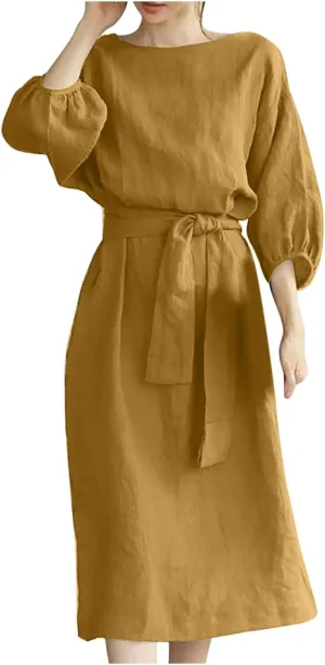 Women's 3/4 Length Sleeve Cotton Linen Summer Dresses Tie Front Sundress Loose Casual Lightweight Midi Dresse