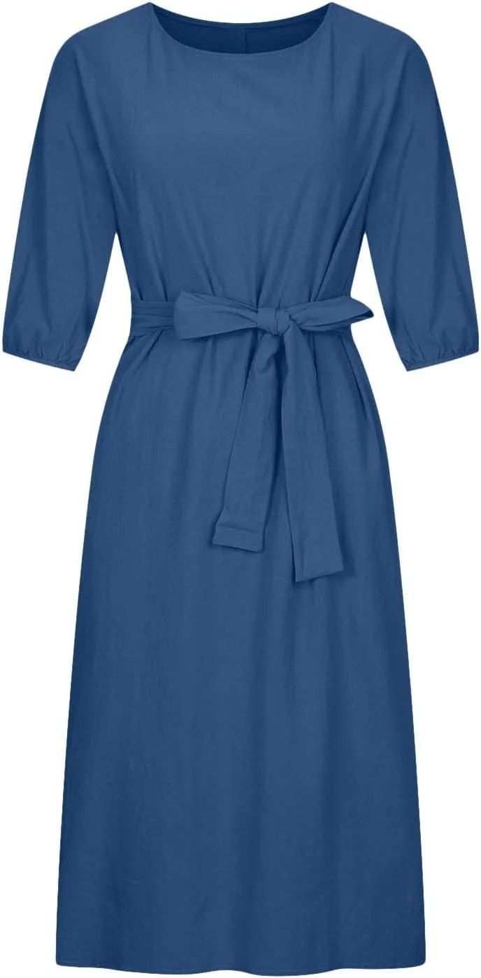 Women's 3/4 Length Sleeve Cotton Linen Summer Dresses Tie Front Sundress Loose Casual Lightweight Midi Dresse