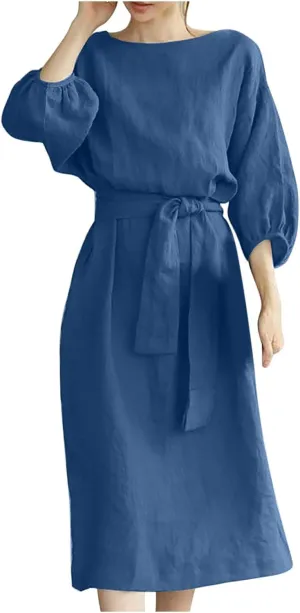 Women's 3/4 Length Sleeve Cotton Linen Summer Dresses Tie Front Sundress Loose Casual Lightweight Midi Dresse