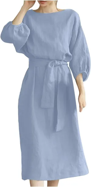 Women's 3/4 Length Sleeve Cotton Linen Summer Dresses Tie Front Sundress Loose Casual Lightweight Midi Dresse