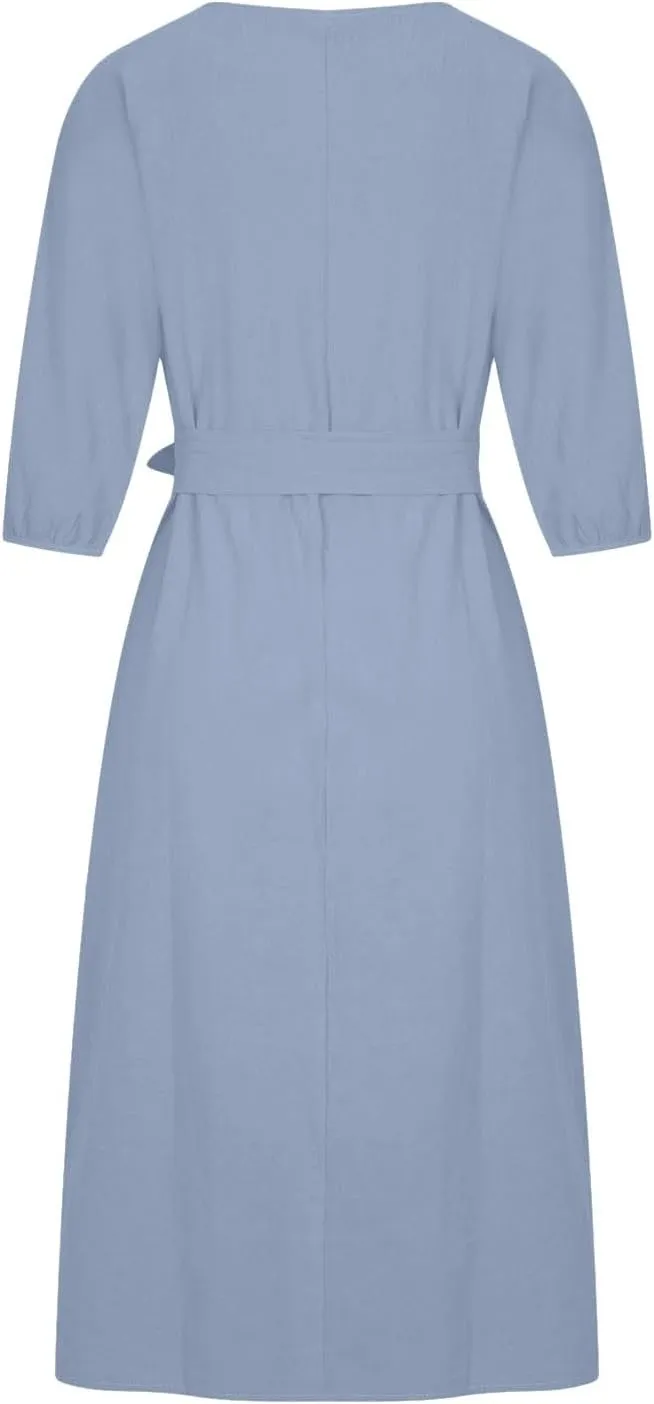 Women's 3/4 Length Sleeve Cotton Linen Summer Dresses Tie Front Sundress Loose Casual Lightweight Midi Dresse