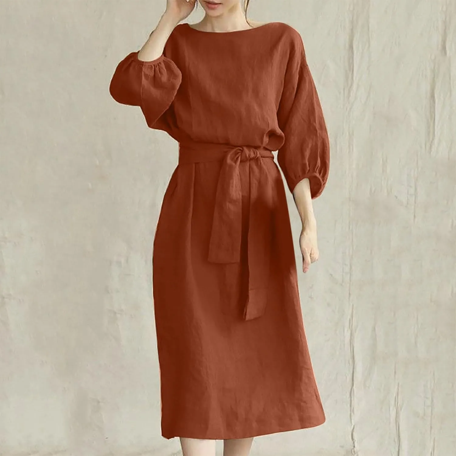 Women's 3/4 Length Sleeve Cotton Linen Summer Dresses Tie Front Sundress Loose Casual Lightweight Midi Dresse