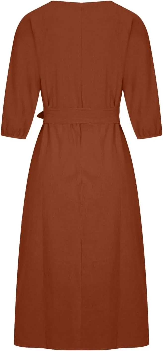 Women's 3/4 Length Sleeve Cotton Linen Summer Dresses Tie Front Sundress Loose Casual Lightweight Midi Dresse