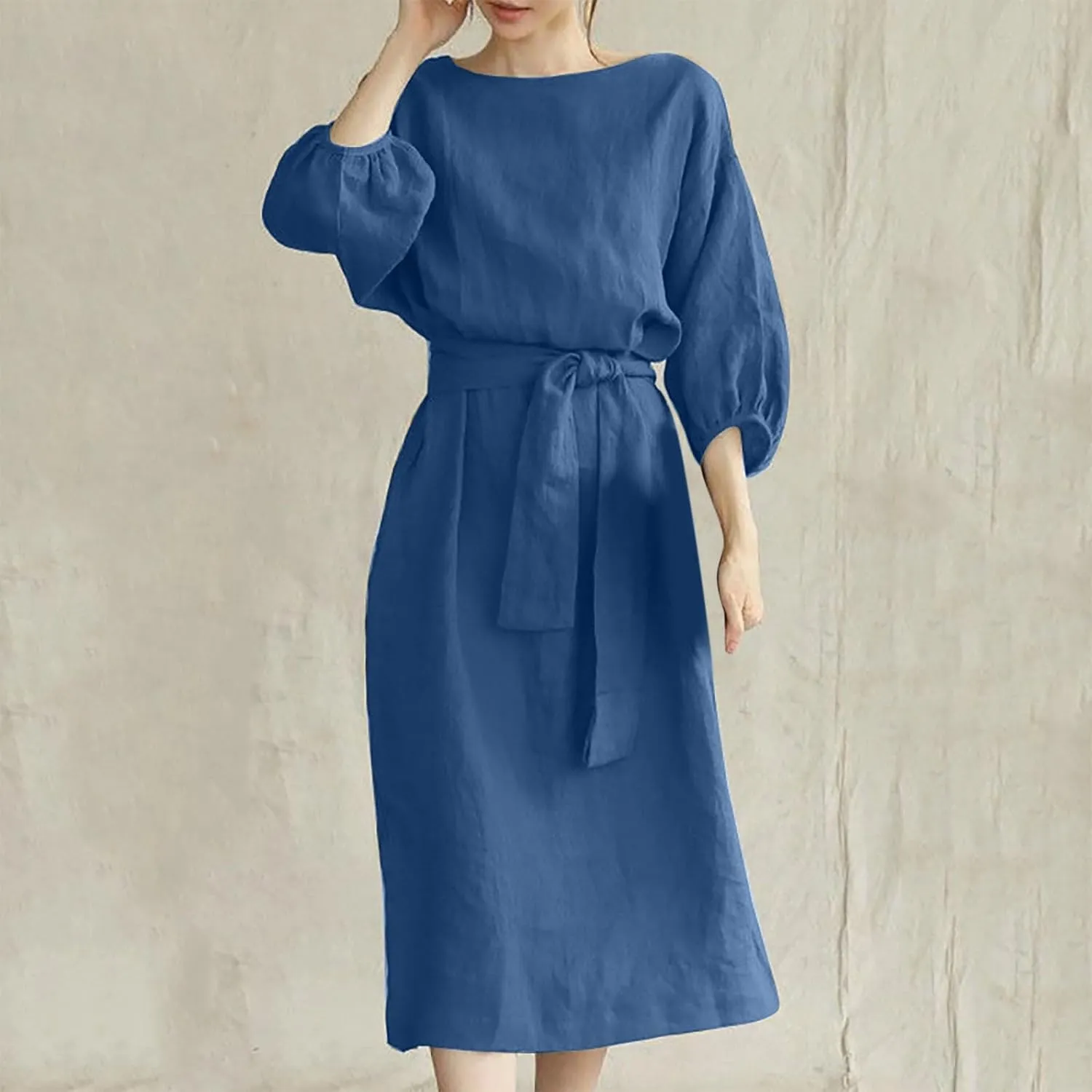 Women's 3/4 Length Sleeve Cotton Linen Summer Dresses Tie Front Sundress Loose Casual Lightweight Midi Dresse