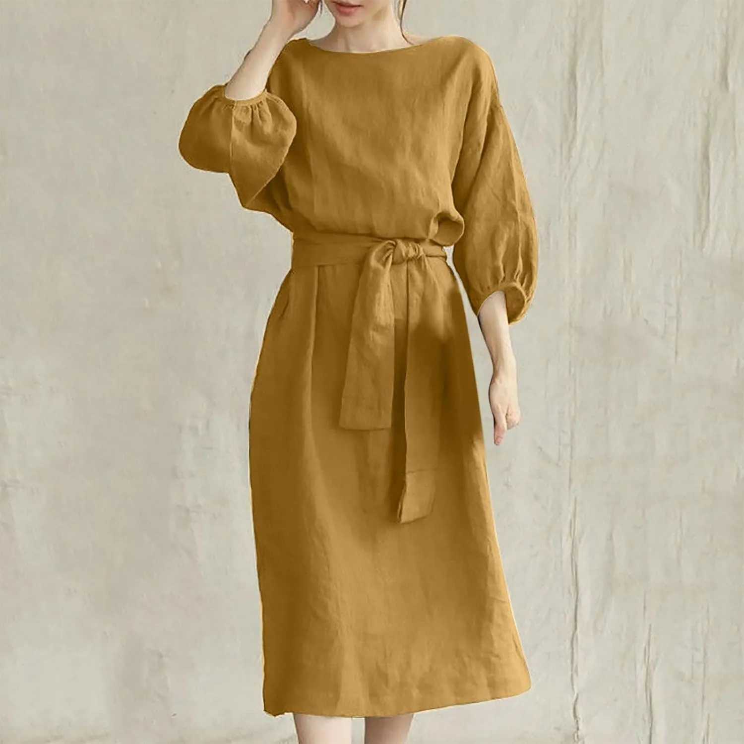 Women's 3/4 Length Sleeve Cotton Linen Summer Dresses Tie Front Sundress Loose Casual Lightweight Midi Dresse