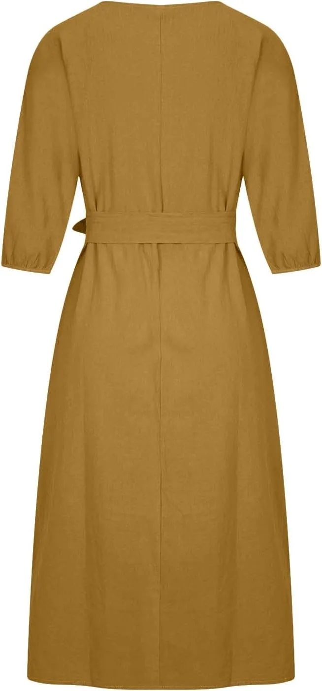 Women's 3/4 Length Sleeve Cotton Linen Summer Dresses Tie Front Sundress Loose Casual Lightweight Midi Dresse