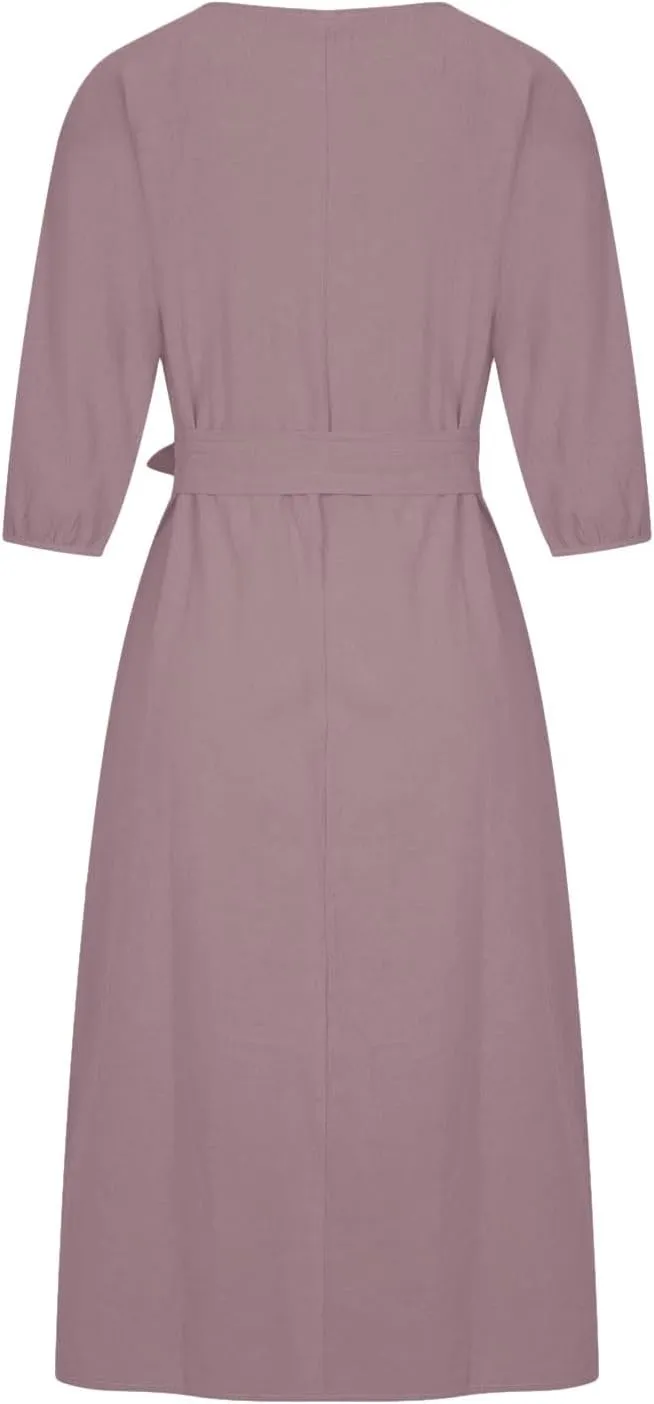 Women's 3/4 Length Sleeve Cotton Linen Summer Dresses Tie Front Sundress Loose Casual Lightweight Midi Dresse