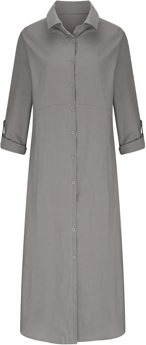 Women's 3/4 Sleeve Button Linen Dress Loose Long Shirts Lightweight Beach Sundress 2025 Summer Casual Dresses
