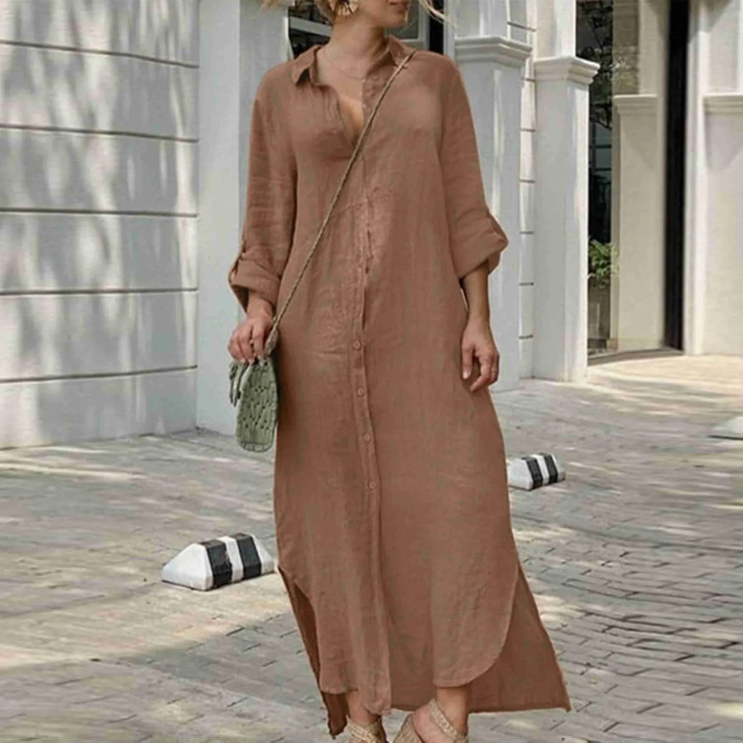 Women's 3/4 Sleeve Button Linen Dress Loose Long Shirts Lightweight Beach Sundress 2025 Summer Casual Dresses