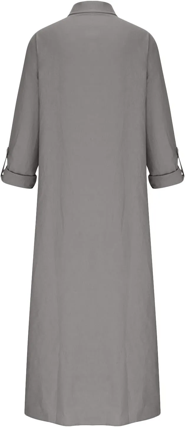 Women's 3/4 Sleeve Button Linen Dress Loose Long Shirts Lightweight Beach Sundress 2025 Summer Casual Dresses