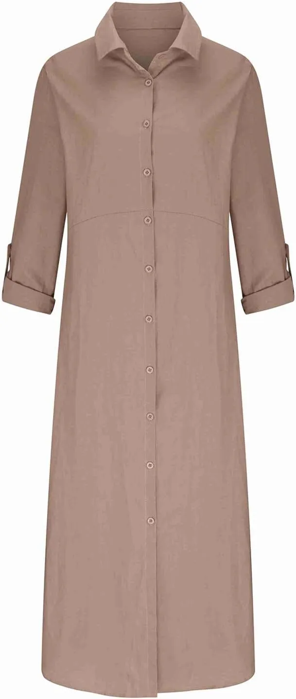Women's 3/4 Sleeve Button Linen Dress Loose Long Shirts Lightweight Beach Sundress 2025 Summer Casual Dresses