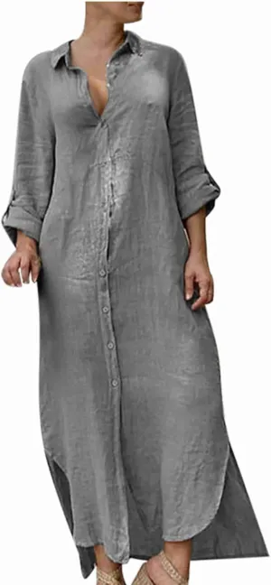 Women's 3/4 Sleeve Button Linen Dress Loose Long Shirts Lightweight Beach Sundress 2025 Summer Casual Dresses