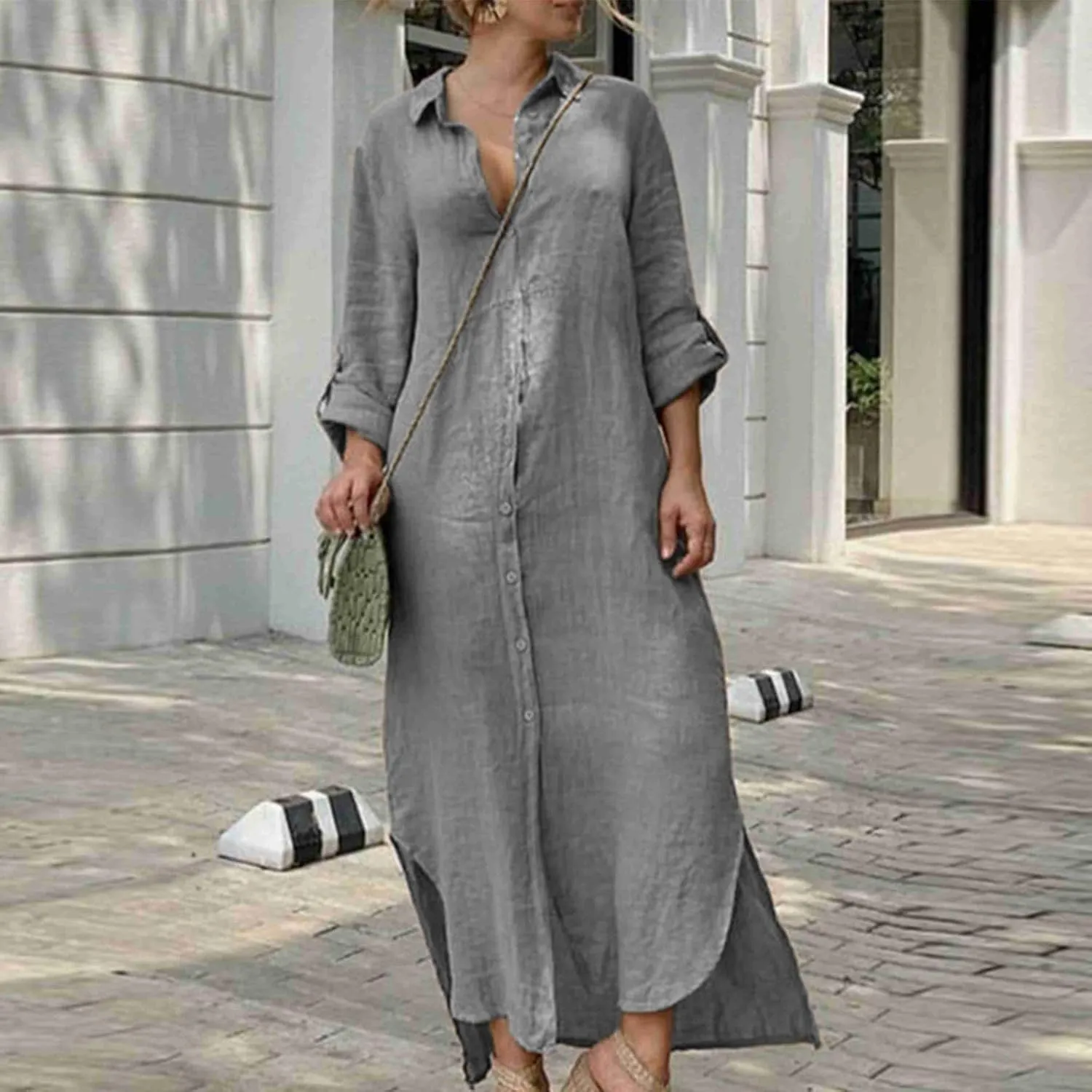 Women's 3/4 Sleeve Button Linen Dress Loose Long Shirts Lightweight Beach Sundress 2025 Summer Casual Dresses