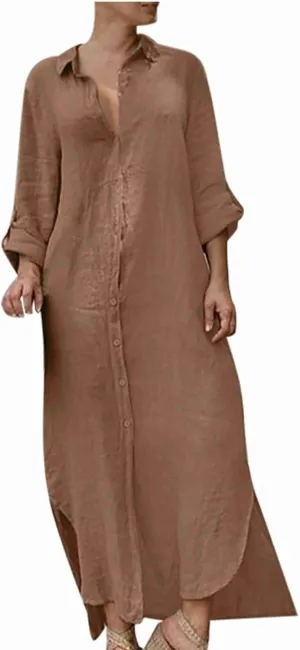 Women's 3/4 Sleeve Button Linen Dress Loose Long Shirts Lightweight Beach Sundress 2025 Summer Casual Dresses