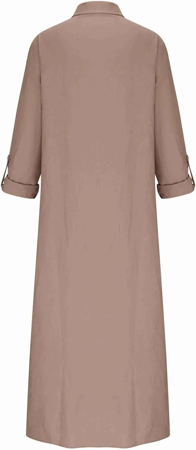 Women's 3/4 Sleeve Button Linen Dress Loose Long Shirts Lightweight Beach Sundress 2025 Summer Casual Dresses