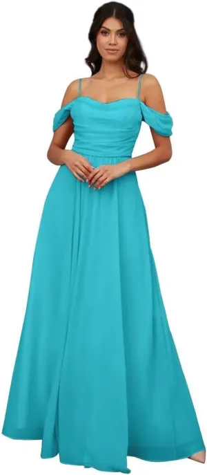 Womens A-line Sweetheart Chiffon Off Shoulder Bridesmaid Evening Dress Sleeveless Spaghetti Long Formal Gown