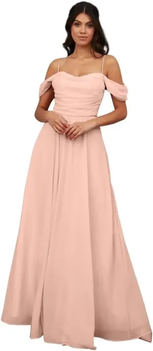 Womens A-line Sweetheart Chiffon Off Shoulder Bridesmaid Evening Dress Sleeveless Spaghetti Long Formal Gown