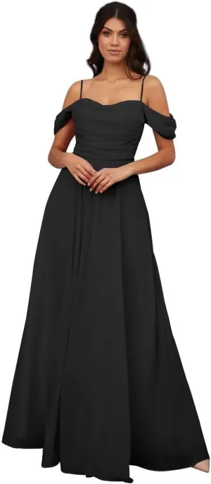 Womens A-line Sweetheart Chiffon Off Shoulder Bridesmaid Evening Dress Sleeveless Spaghetti Long Formal Gown