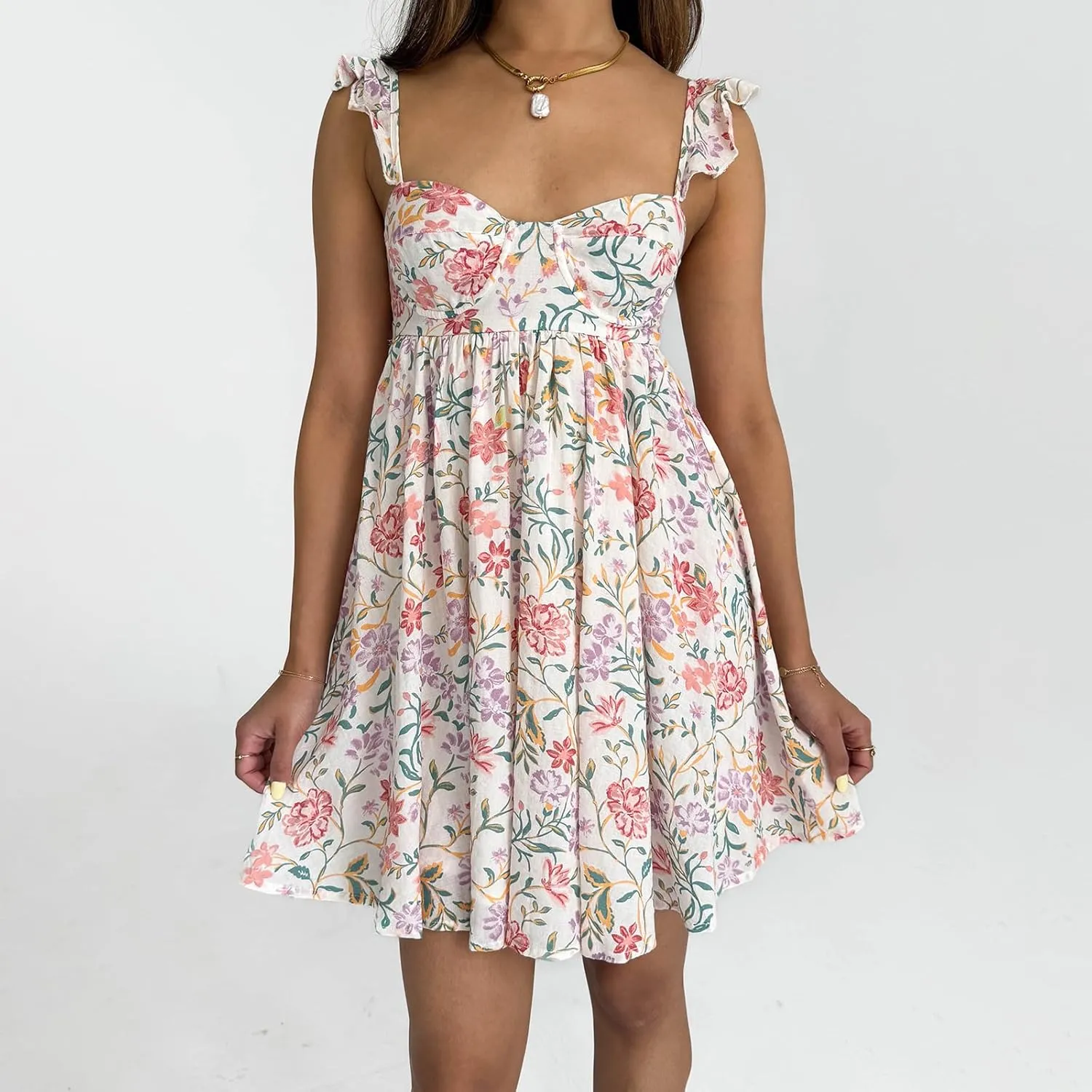 Women's Babydoll Backless Mini Dress Y2K Ruffle Shoulder Floral Mini Dress A Line Flowy Cute Beach Casual Dresses