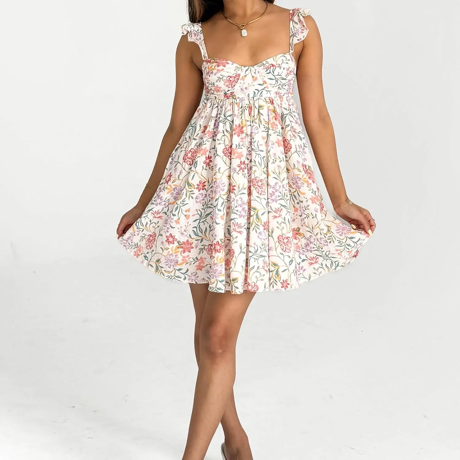 Women's Babydoll Backless Mini Dress Y2K Ruffle Shoulder Floral Mini Dress A Line Flowy Cute Beach Casual Dresses