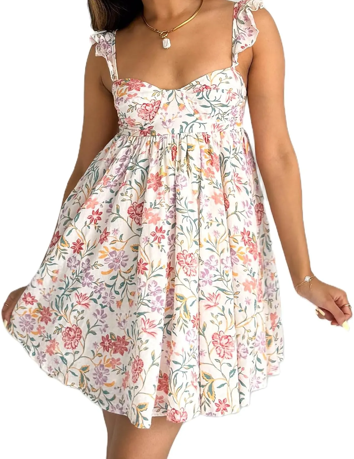 Women's Babydoll Backless Mini Dress Y2K Ruffle Shoulder Floral Mini Dress A Line Flowy Cute Beach Casual Dresses