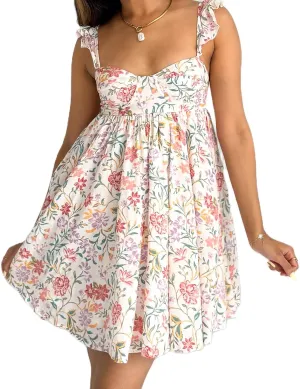 Women's Babydoll Backless Mini Dress Y2K Ruffle Shoulder Floral Mini Dress A Line Flowy Cute Beach Casual Dresses