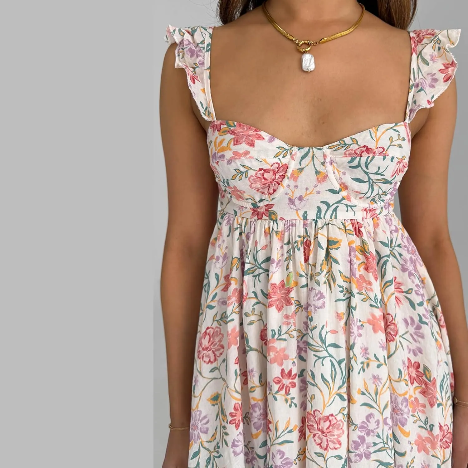 Women's Babydoll Backless Mini Dress Y2K Ruffle Shoulder Floral Mini Dress A Line Flowy Cute Beach Casual Dresses