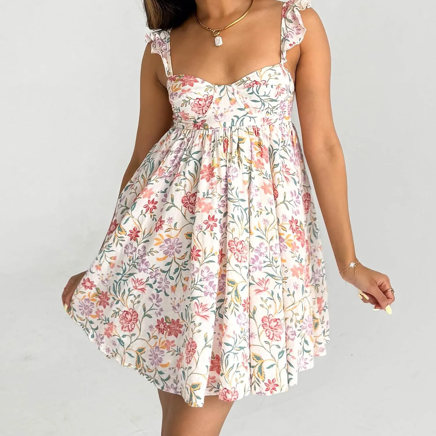 Women's Babydoll Backless Mini Dress Y2K Ruffle Shoulder Floral Mini Dress A Line Flowy Cute Beach Casual Dresses