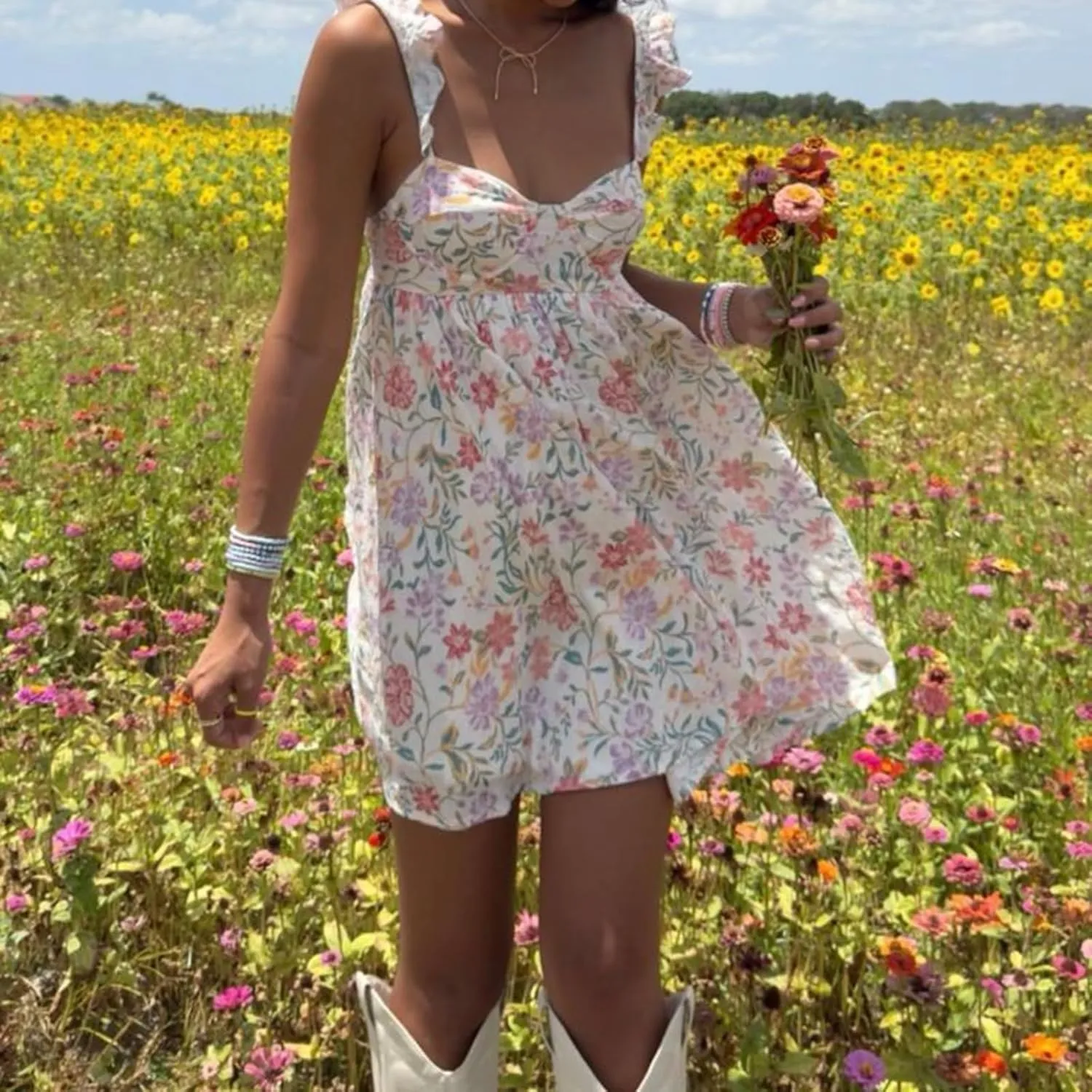 Women's Babydoll Backless Mini Dress Y2K Ruffle Shoulder Floral Mini Dress A Line Flowy Cute Beach Casual Dresses