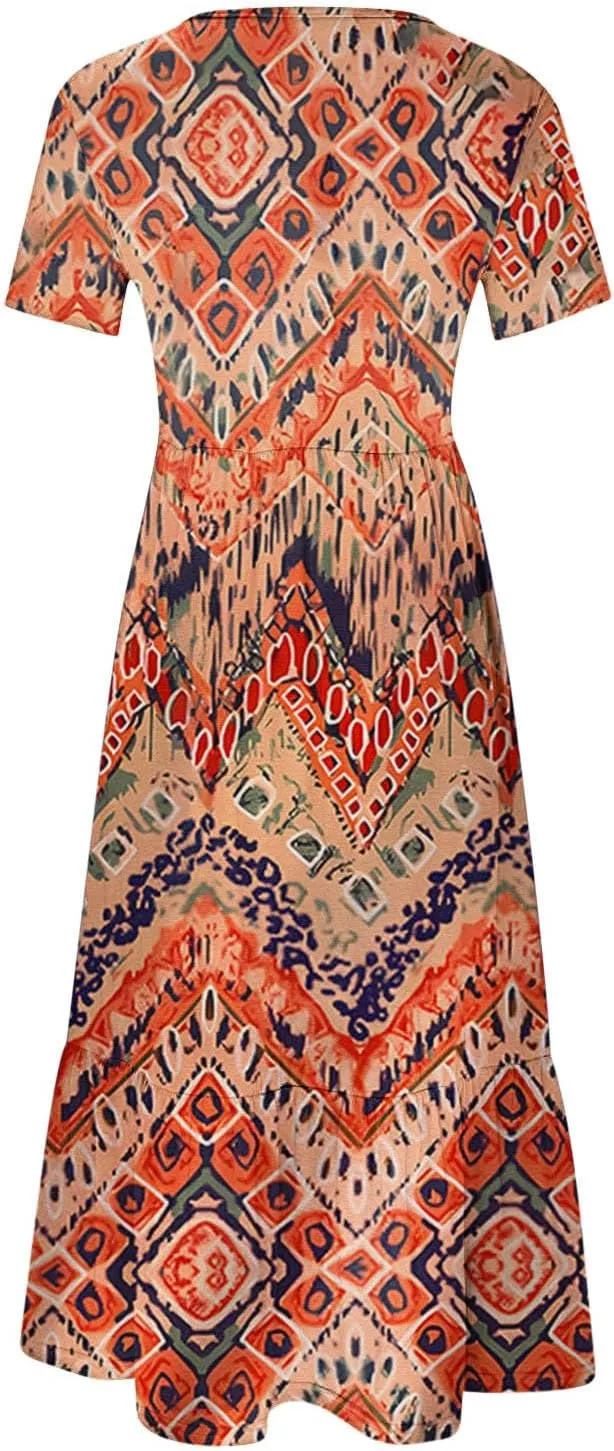 Womens Boho Floral Dresses with Pockets Casual Short Sleeve Crewneck Swing Ruffle Maxi Dress 2025 Summer Sundresses