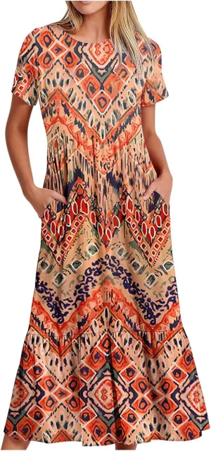 Womens Boho Floral Dresses with Pockets Casual Short Sleeve Crewneck Swing Ruffle Maxi Dress 2025 Summer Sundresses