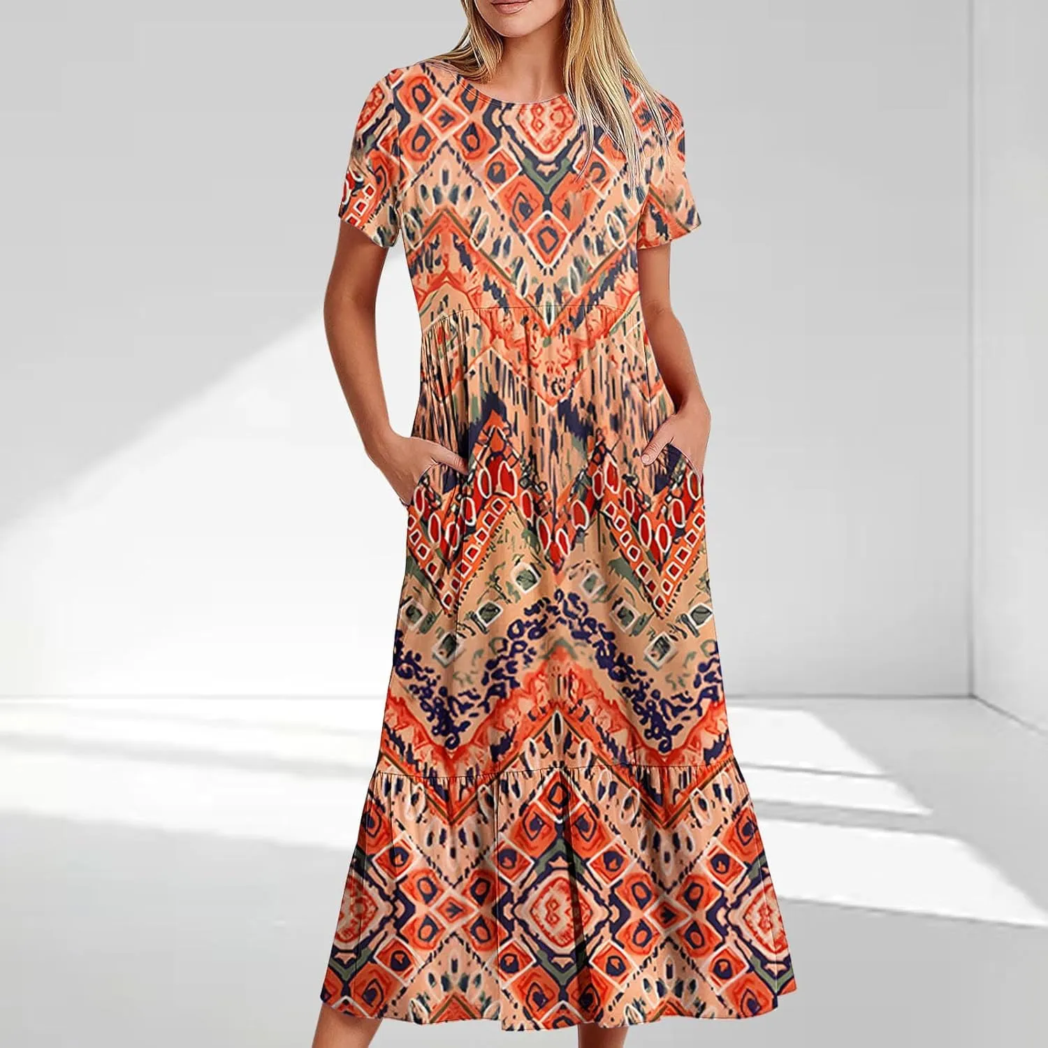Womens Boho Floral Dresses with Pockets Casual Short Sleeve Crewneck Swing Ruffle Maxi Dress 2025 Summer Sundresses