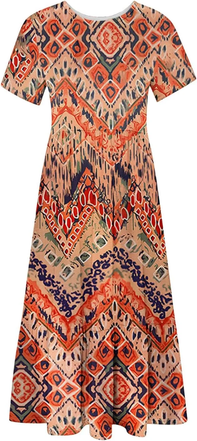 Womens Boho Floral Dresses with Pockets Casual Short Sleeve Crewneck Swing Ruffle Maxi Dress 2025 Summer Sundresses