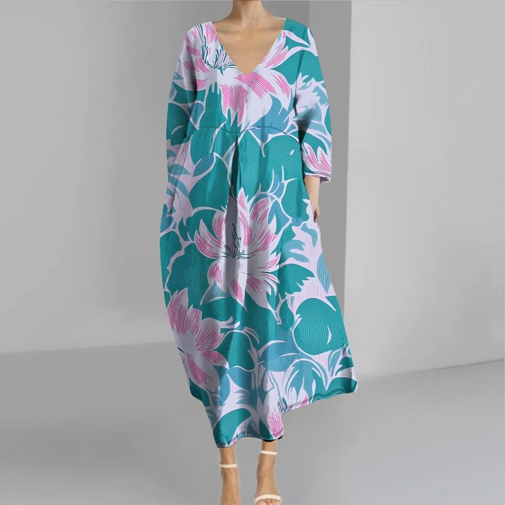 Womens Boho Floral Plus Size Midi Dresses Casual 3/4 Sleeve V Neck Dress Flowy Spring Summer Dresses with Pockets