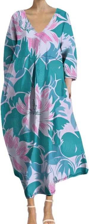 Womens Boho Floral Plus Size Midi Dresses Casual 3/4 Sleeve V Neck Dress Flowy Spring Summer Dresses with Pockets