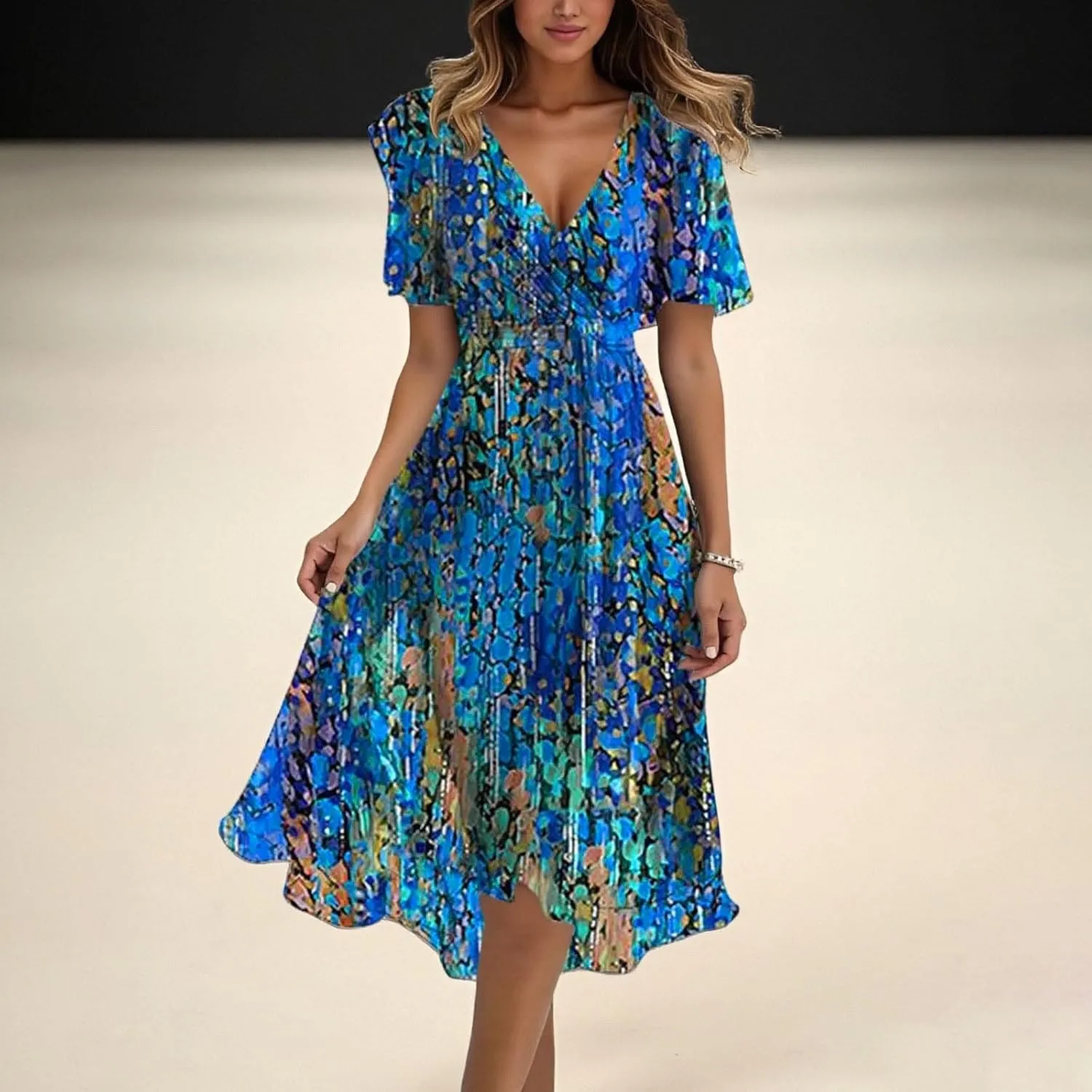 Womens Boho Floral Printed Chiffon Dresses 2025 Elegant V Neck Short Sleeve Belted Summer Wedding Prom Midi Dress