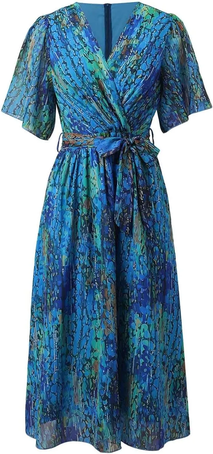 Womens Boho Floral Printed Chiffon Dresses 2025 Elegant V Neck Short Sleeve Belted Summer Wedding Prom Midi Dress
