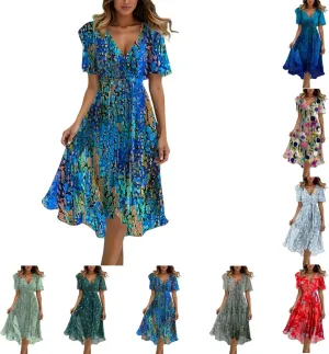 Womens Boho Floral Printed Chiffon Dresses 2025 Elegant V Neck Short Sleeve Belted Summer Wedding Prom Midi Dress