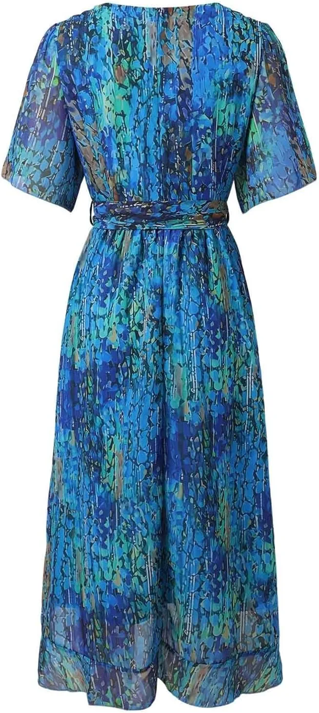 Womens Boho Floral Printed Chiffon Dresses 2025 Elegant V Neck Short Sleeve Belted Summer Wedding Prom Midi Dress