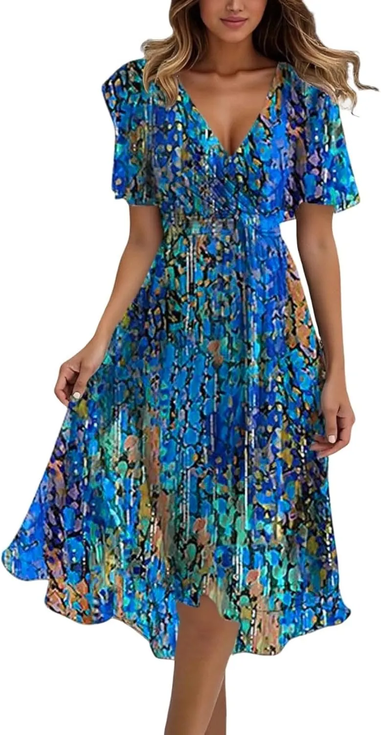 Womens Boho Floral Printed Chiffon Dresses 2025 Elegant V Neck Short Sleeve Belted Summer Wedding Prom Midi Dress
