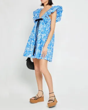Womens Boho Mini Dress Y2k Floral Puff Sleeve Babydoll Dress Deep V Neck Bow Tie Front Backless Beach Sundress