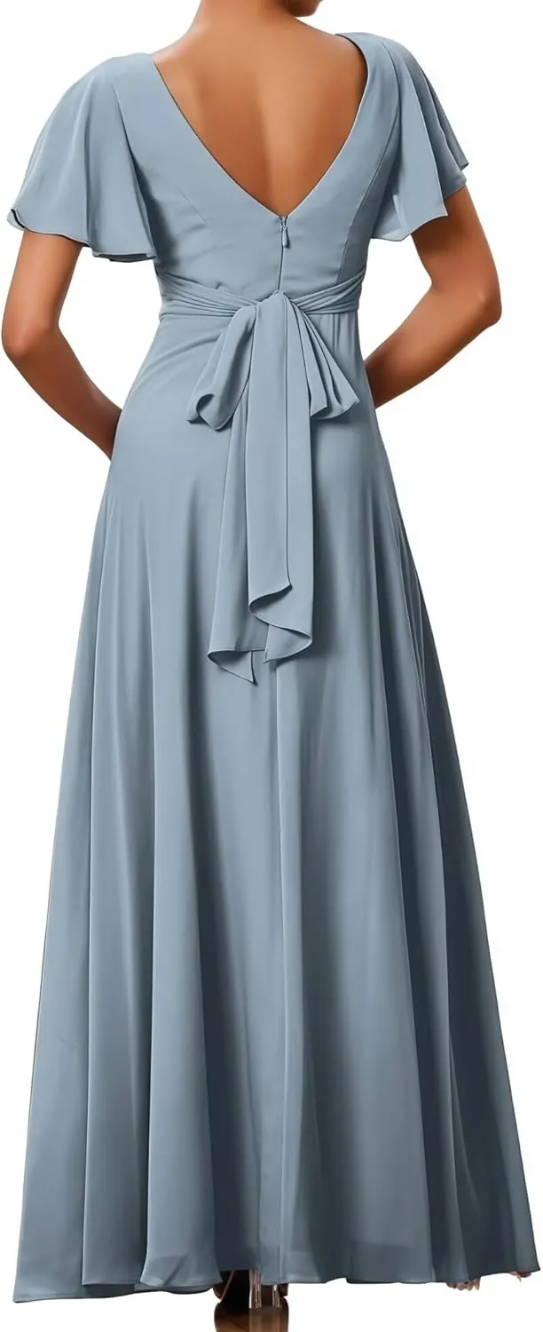 Women's Bridesmaid Dresses V Neck Off The Short Sleeve Long Pleated Chiffon A Line Formal Evening Gown