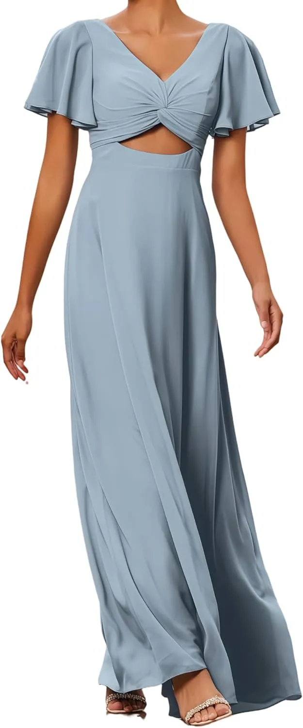 Women's Bridesmaid Dresses V Neck Off The Short Sleeve Long Pleated Chiffon A Line Formal Evening Gown