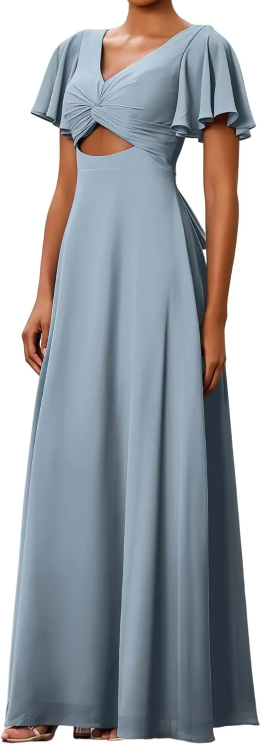 Women's Bridesmaid Dresses V Neck Off The Short Sleeve Long Pleated Chiffon A Line Formal Evening Gown