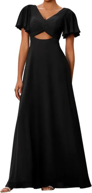 Women's Bridesmaid Dresses V Neck Off The Short Sleeve Long Pleated Chiffon A Line Formal Evening Gown