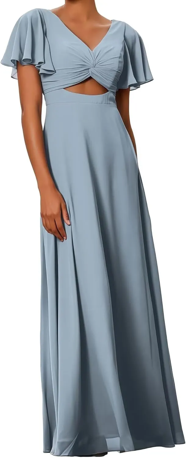Women's Bridesmaid Dresses V Neck Off The Short Sleeve Long Pleated Chiffon A Line Formal Evening Gown